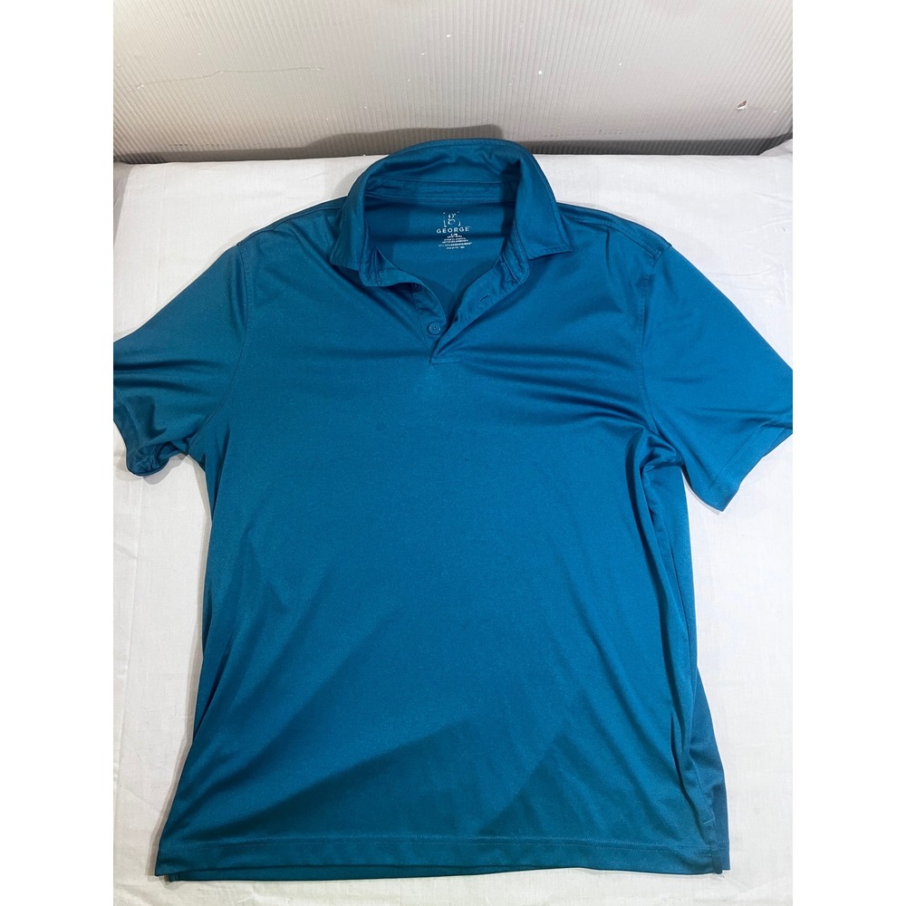 George Mens Performance Polo Shirt Teal Blue Short Sleeve Size L 42-44 Polyester